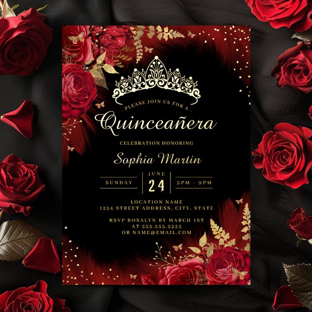 Invitation En Aluminium Papillon rouge or photo florale Quinceanera (Créateur téléchargé)