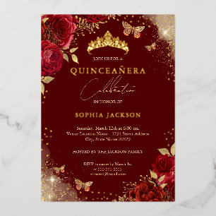 Invitation En Aluminium Papillon Rouge Rose Or Tiara Quinceanera