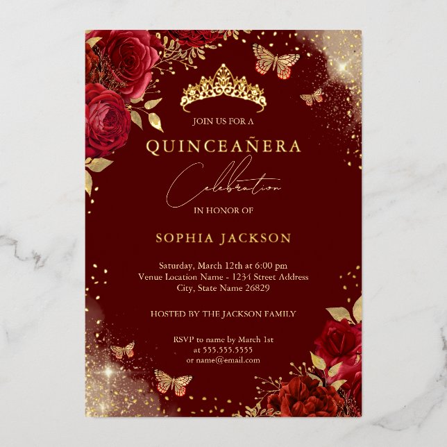 Invitation En Aluminium Papillon Rouge Rose Or Tiara Quinceanera (Recto)