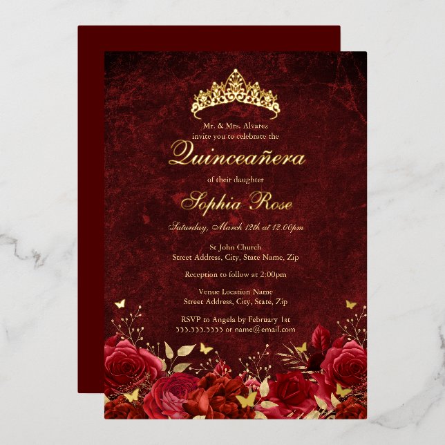 Invitation En Aluminium Papillon Royal Rouge Floral Tiara Quinceanera (Recto/Verso)