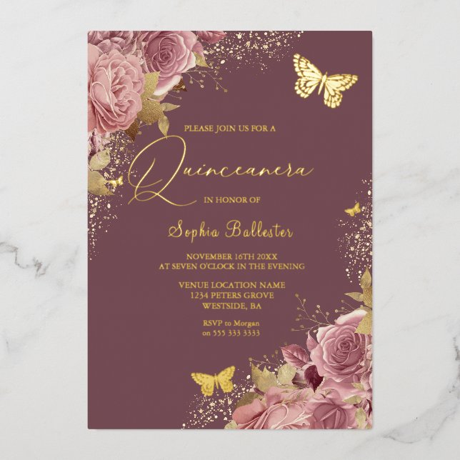 Invitation En Aluminium Papillon Sophia enchanté Quinceanera Golden (Recto)