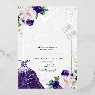 Invitation En Aluminium Papillon Sweet sixteen foncé Robe violette Argent