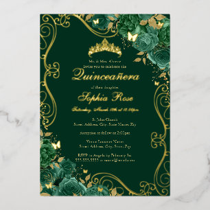 Invitation En Aluminium Papillon Tourbillon Floral Émeraude Quinceanera Fe
