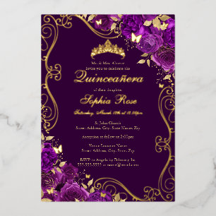 Invitation En Aluminium Papillon Tourbillon Floral Quinceanera Violet