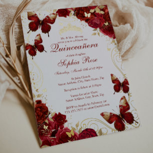 Invitation En Aluminium Papillon vintage Floral Rouge Or Quinceanera