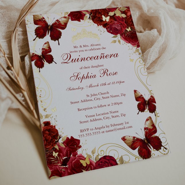 Invitation En Aluminium Papillon vintage Floral Rouge Or Quinceanera (Créateur téléchargé)