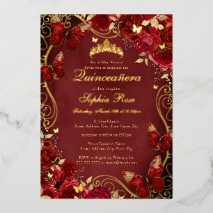 Invitation En Aluminium Papillon vintage Floral Royal Red Quinceanera
