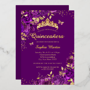 Invitation En Aluminium Papillon Violet Floral Or Quinceanera Doré