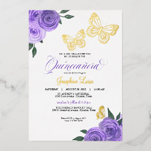 Invitation En Aluminium Papillon violet Rose Quinceanera Real