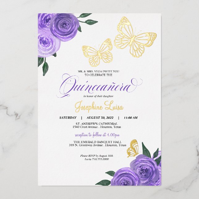 Invitation En Aluminium Papillon violet Rose Quinceanera Real (Recto)