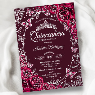 Invitation En Aluminium Papillons argentés de Bourgogne Roses Quinceanera