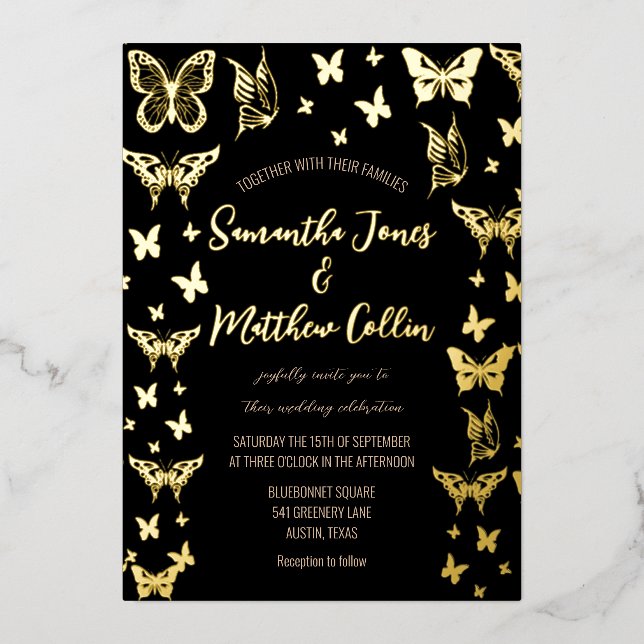 Invitation En Aluminium Papillons Boho Black Gold Mariage (Recto)