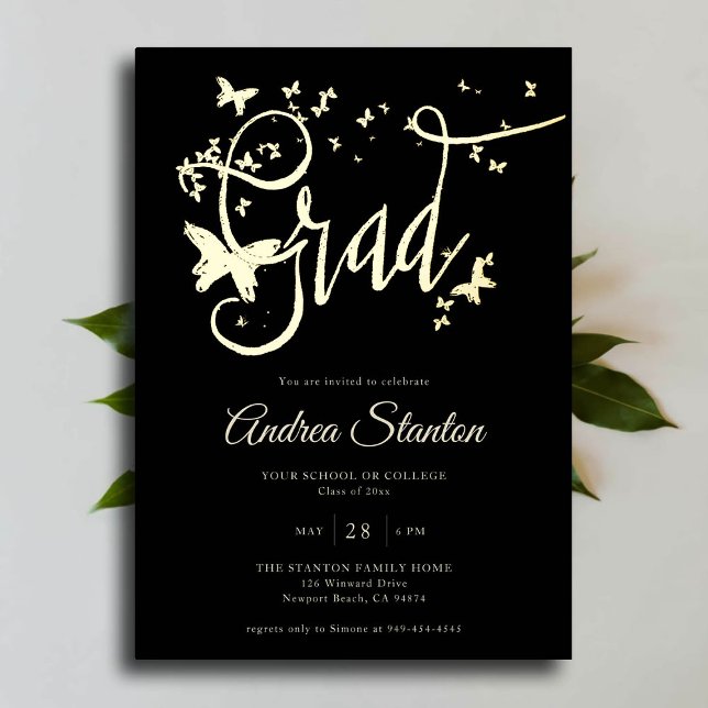 Invitation En Aluminium Papillons de fin d'études Grad Calligraphie Élégan (graduation party invitation gold foil butterflies handwritten high school college university grad)