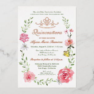 Invitation En Aluminium Papillons de luxe rose fleuri Tiara Quinceañera