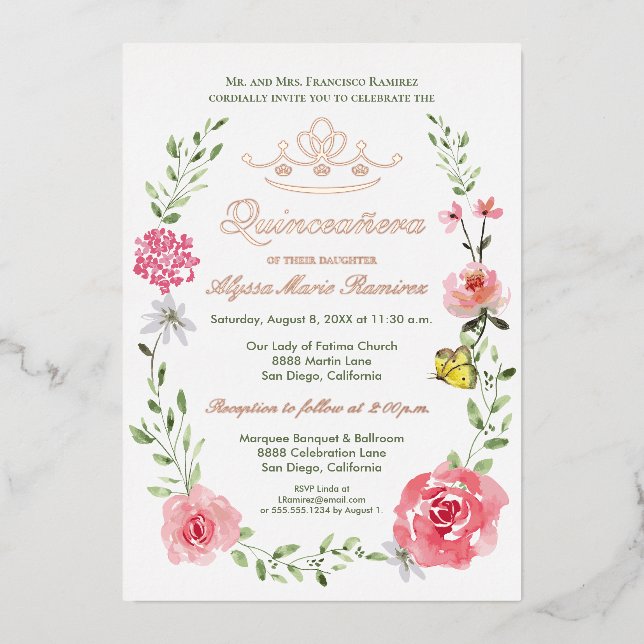 Invitation En Aluminium Papillons de luxe rose fleuri Tiara Quinceañera (Recto)