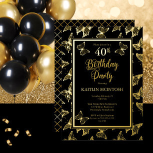 Invitation En Aluminium Papillons Élégants Fête d'anniversaire 40 ans Noir