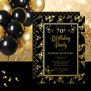 Invitation En Aluminium Papillons Élégants Fête d'anniversaire 70 ans Noir