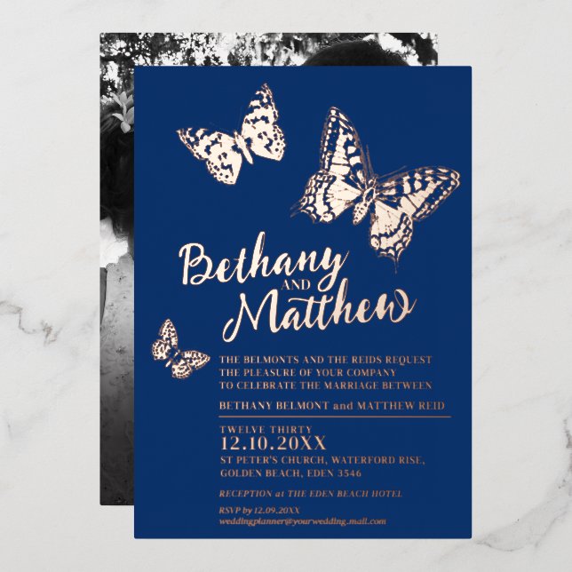 Invitation En Aluminium Papillons rose en or sur mariage bleu foncé (Recto/Verso)