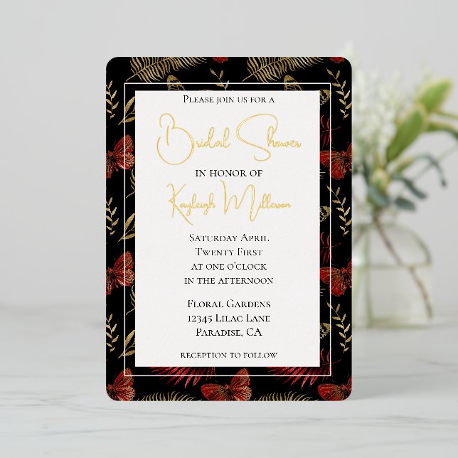 Invitation En Aluminium Papillons rouges Noirs Feuille Fête des mariées (Debout devant)