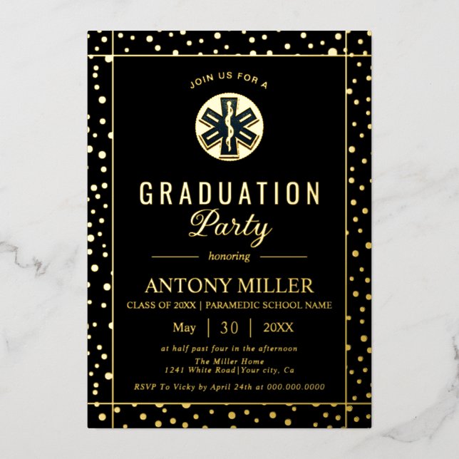 Invitation En Aluminium Paramedic Class Of 2026 gold confetti graduation (Recto)