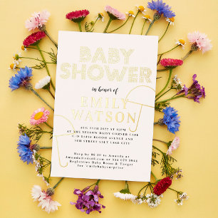 Invitation En Aluminium Parapluie Gold Foil Baby shower or blanc