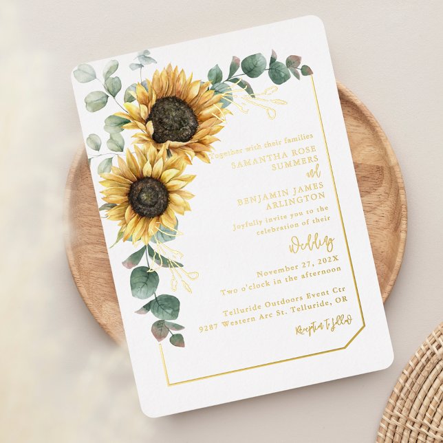 Invitation En Aluminium Parfum floral Script Vert Mariage Or (Floral Sunflower Sage Green Wedding Silver Foil Invitation)