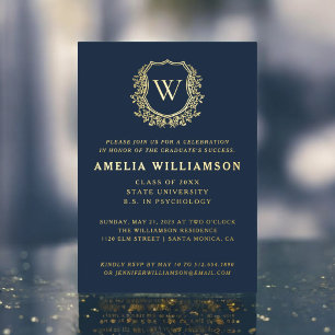Invitation En Aluminium Parti de graduation de la Marine Blue Gold Crest