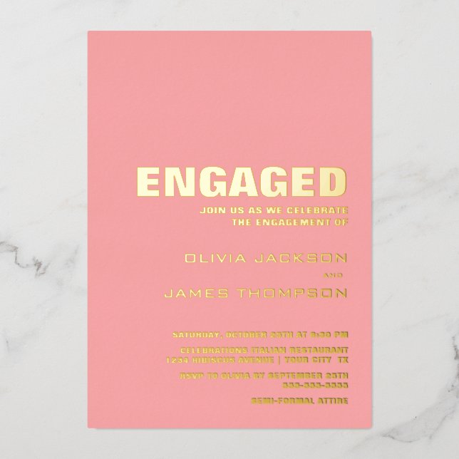 Invitation En Aluminium Parti d'engagement rose de texte simple or (Recto)