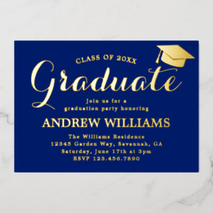 Invitation En Aluminium Parti Moderne Bleu Et Gold Graduation