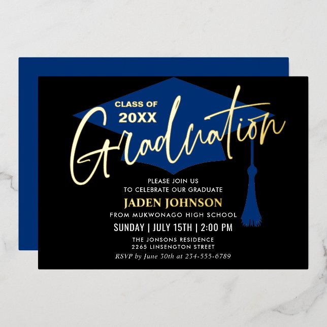 Invitation En Aluminium Parti moderne Golden Black Graduation (Recto/Verso)