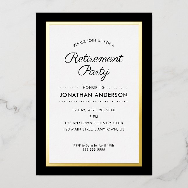 Invitation En Aluminium Partie de retraite Noir et Or (Recto)
