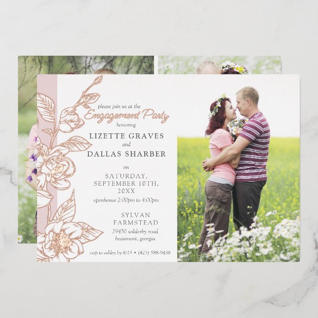 Invitation En Aluminium Partie d'engagement Magnolia Blush Mariage 4-Photo (Recto/Verso)