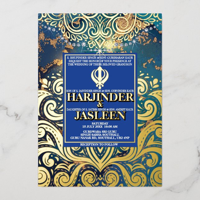 Invitation En Aluminium Parties scintillant de luxe Blue Sikh Anand Karaj  (Recto)