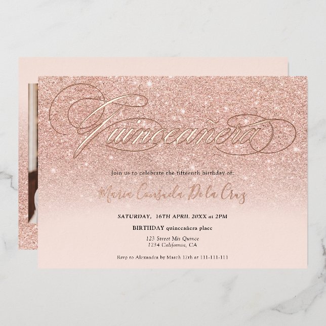Invitation En Aluminium parties scintillant en or rose script sombre rose  (Recto/Verso)