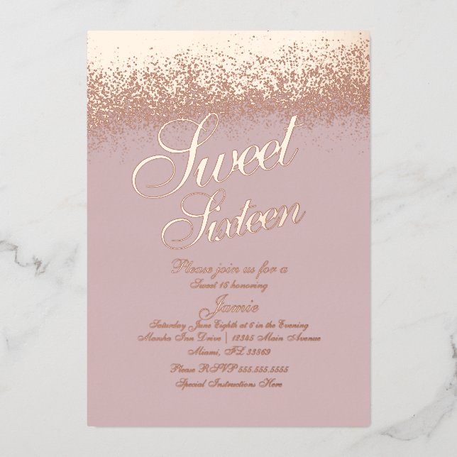 Invitation En Aluminium Parties scintillant en or Rose sweet sixteen (Recto)