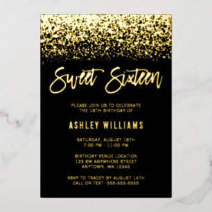 Invitation En Aluminium Parties scintillant moderne Sweet 16 Black Gold