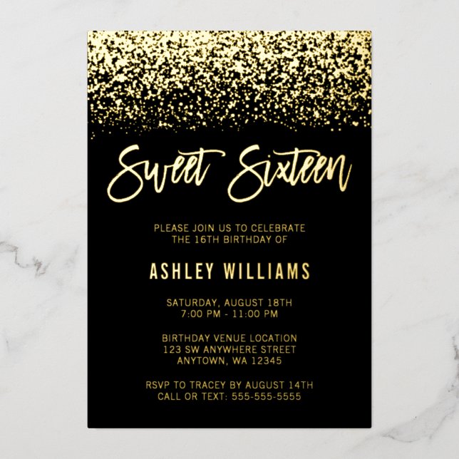 Invitation En Aluminium Parties scintillant moderne Sweet 16 Black Gold (Recto)