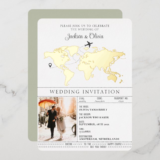 Invitation En Aluminium Passeport de mariage de destination Sage Green (Recto/Verso)