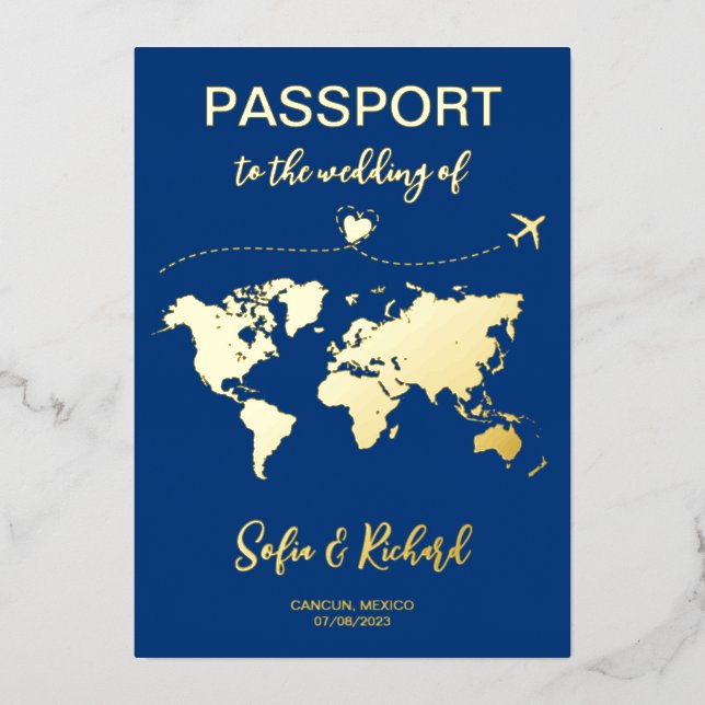 Invitation En Aluminium Passeport Mariage Destination Gold Foil Adventure (Recto)
