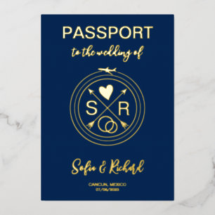 Invitation En Aluminium Passeport Mariage Destination Gold Foil fond
