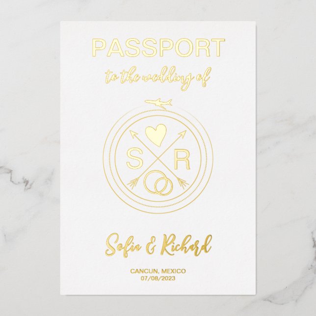Invitation En Aluminium Passeport Mariage Destination Gold Foil fond (Recto)