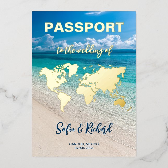 Invitation En Aluminium Passeport Mariage Destination Gold Foil fond (Recto)