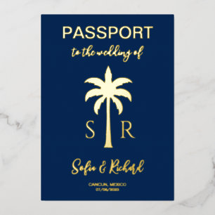 Invitation En Aluminium Passport Mariage Destination Gold Palm Monogramme