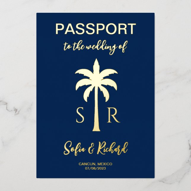 Invitation En Aluminium Passport Mariage Destination Gold Palm Monogramme (Recto)