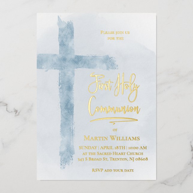 Invitation En Aluminium pastel bleu Croix sainte Première communion (Recto)