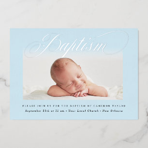 Invitation En Aluminium Pastel Bleu Croix Subtile Une Photo Baptême Argent