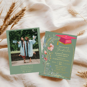 Invitation En Aluminium Pastel Fleur sauvage Jardin Jumeau fête de graduat