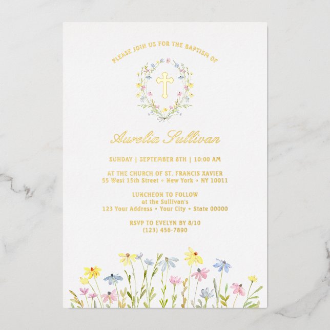 Invitation En Aluminium Pastel Fleur sauvage Wreath Baptême (Recto)