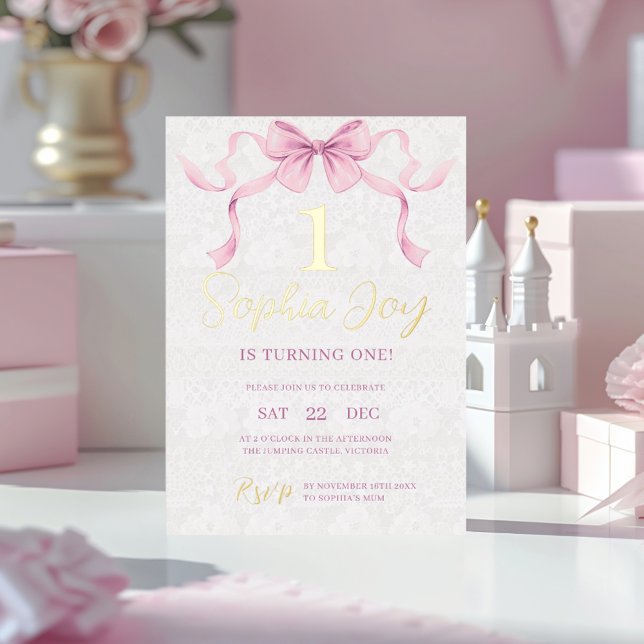 Invitation En Aluminium Pastel Pink Bow & Elegant Gold Script Anniversaire (Créateur téléchargé)