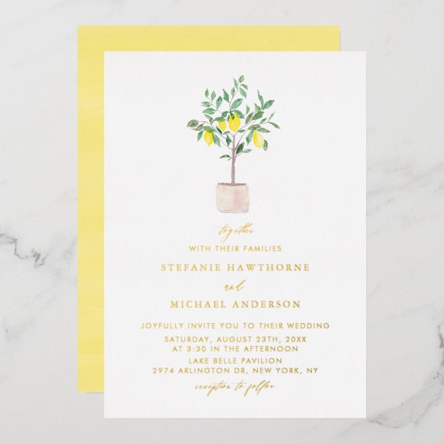Invitation En Aluminium Pastel Watercolor Lemon Tree Mariage d'été (Recto/Verso)